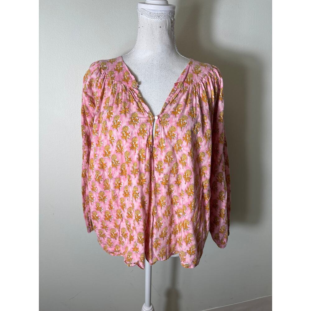 India Collection Pink and Orange Block Print Shirt sz M